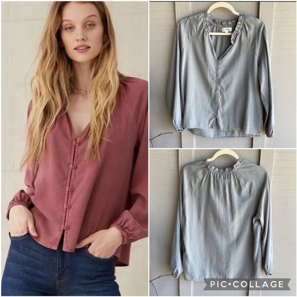 NWT Anthro Cloth & Stone Raglan Ruffle Neck Blouse in Blue/Green Size: M - Picture 2 of 16